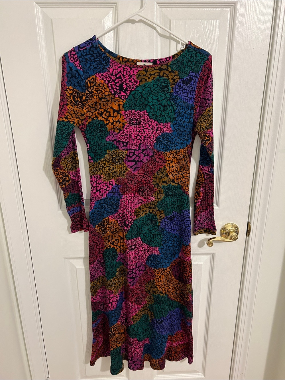 Farm Rio Rainbow Mix Jersey Dress Ribbed Knit Long Sleeve Midi New Size Medium - Picture 4 of 13